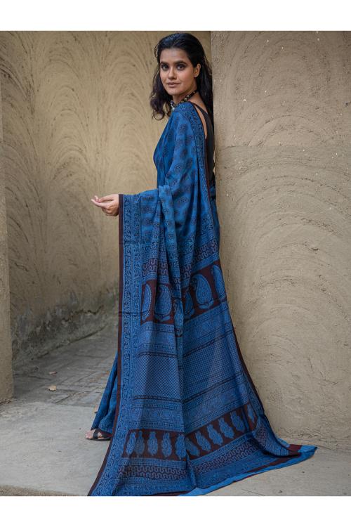 TICH Exclusive Bagh Hand Block Printed Cotton Saree - Blue Paisleys