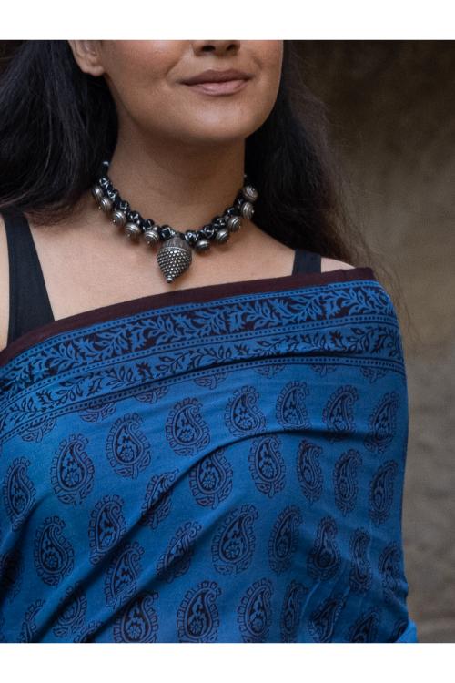 TICH Exclusive Bagh Hand Block Printed Cotton Saree - Blue Paisleys