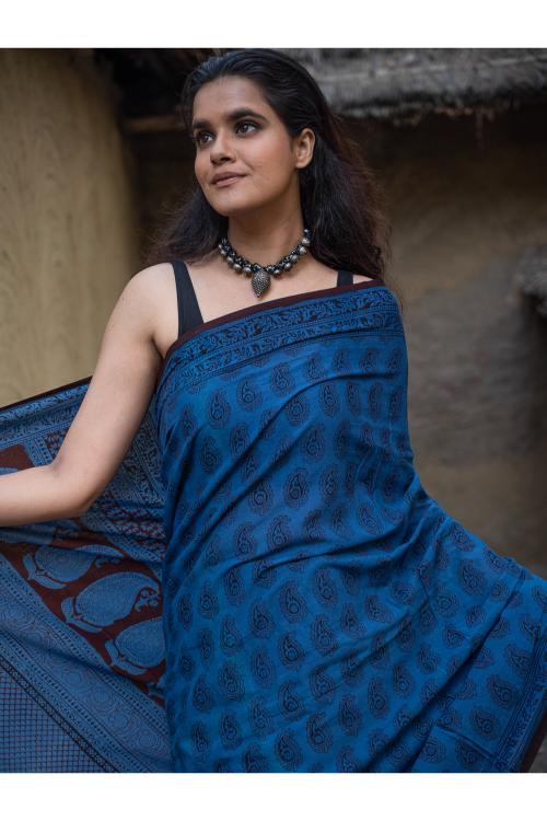 TICH Exclusive Bagh Hand Block Printed Cotton Saree - Blue Paisleys