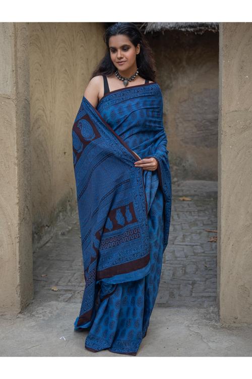 TICH Exclusive Bagh Hand Block Printed Cotton Saree - Blue Paisleys