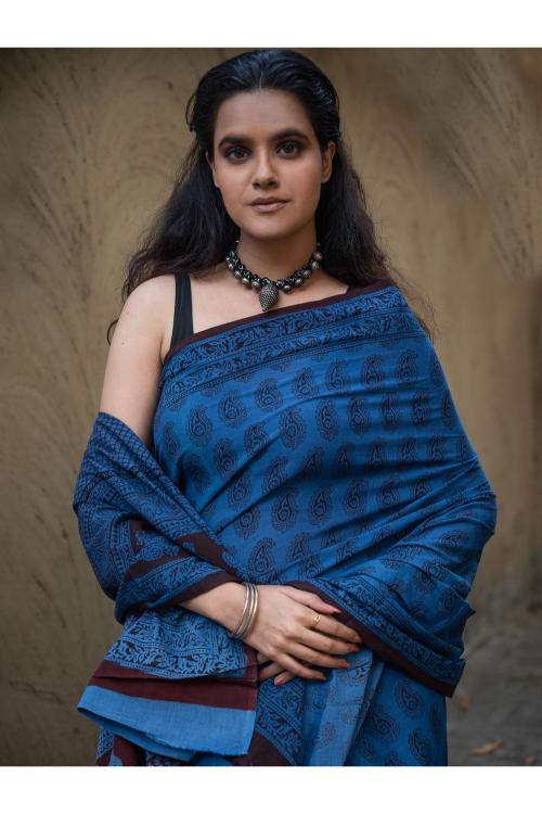 TICH Exclusive Bagh Hand Block Printed Cotton Saree - Blue Paisleys