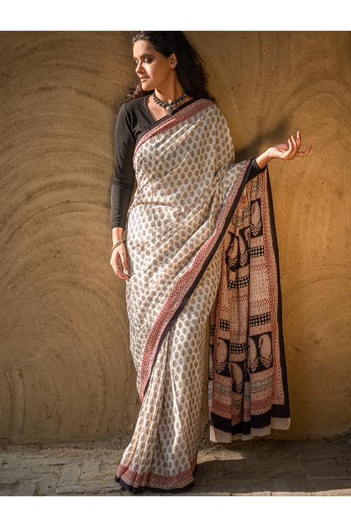 Exclusive Bagh Hand Block Printed Modal Satin Saree - Beige Florets