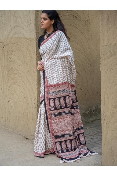 Exclusive Bagh Hand Block Printed Modal Satin Saree - Beige Florets