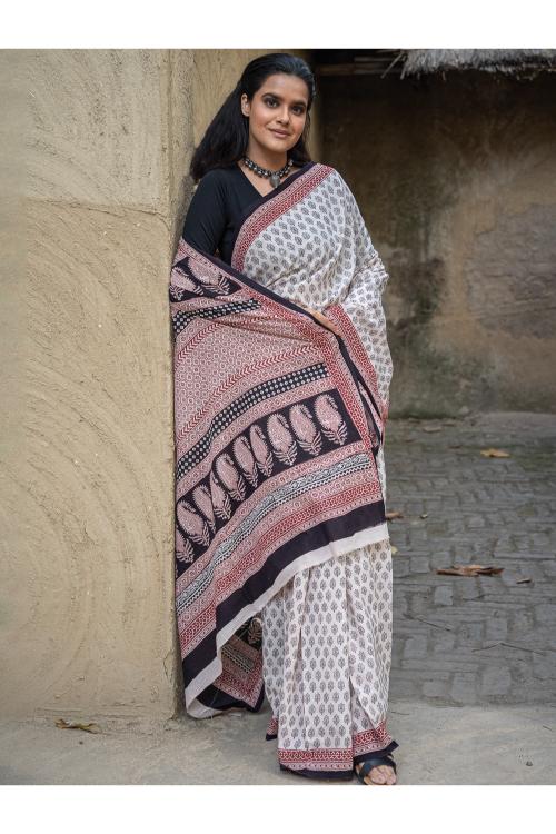 Exclusive Bagh Hand Block Printed Modal Satin Saree - Beige Florets