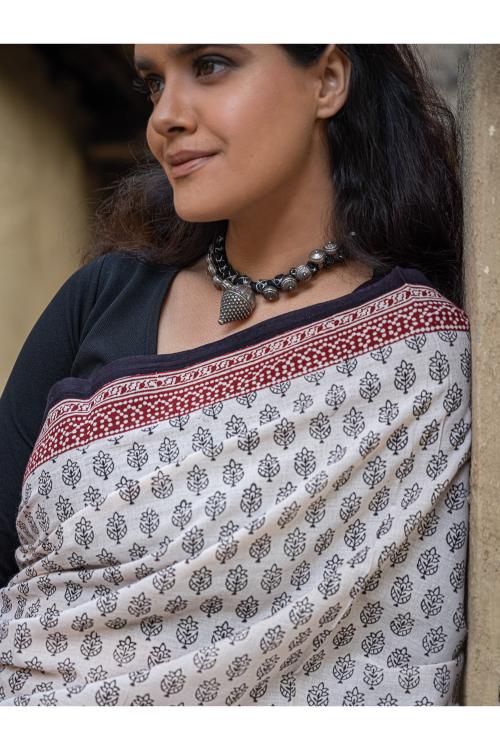 Exclusive Bagh Hand Block Printed Modal Satin Saree - Beige Florets