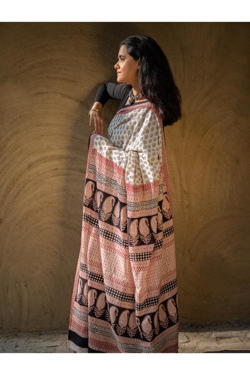 Exclusive Bagh Hand Block Printed Modal Satin Saree - Beige Florets