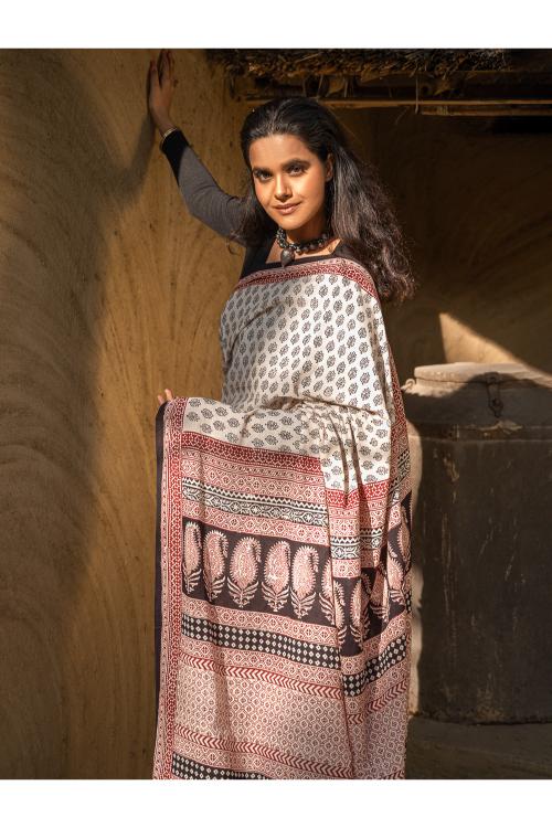 Exclusive Bagh Hand Block Printed Modal Satin Saree - Beige Florets