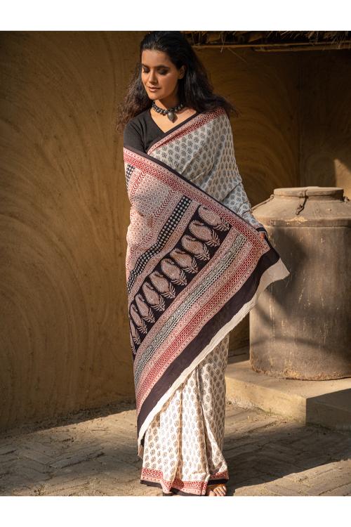 Exclusive Bagh Hand Block Printed Modal Satin Saree - Beige Florets