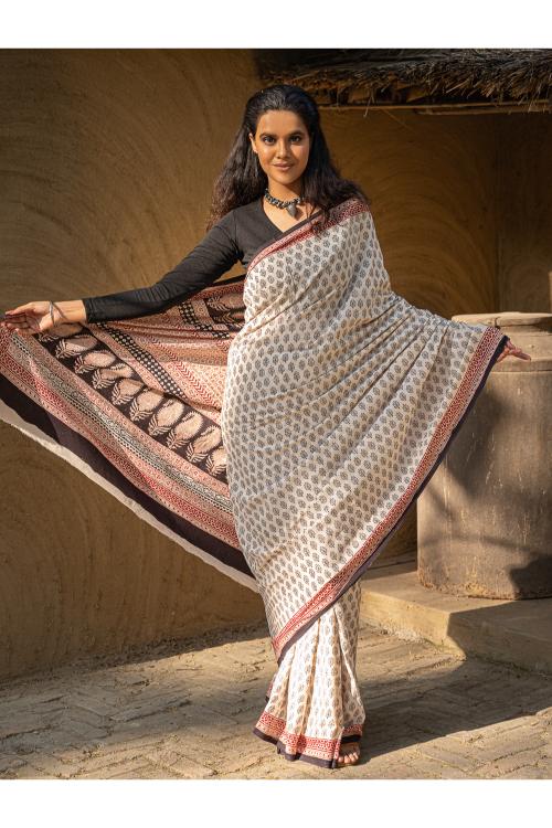 Exclusive Bagh Hand Block Printed Modal Satin Saree - Beige Florets