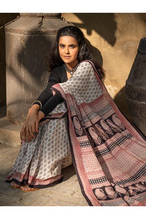 Exclusive Bagh Hand Block Printed Modal Satin Saree - Beige Florets
