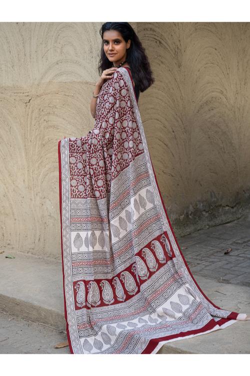 TICH Exclusive Bagh Hand Block Printed Cotton Saree - White Flowers
