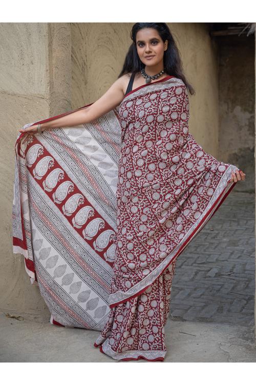 TICH Exclusive Bagh Hand Block Printed Cotton Saree - White Flowers
