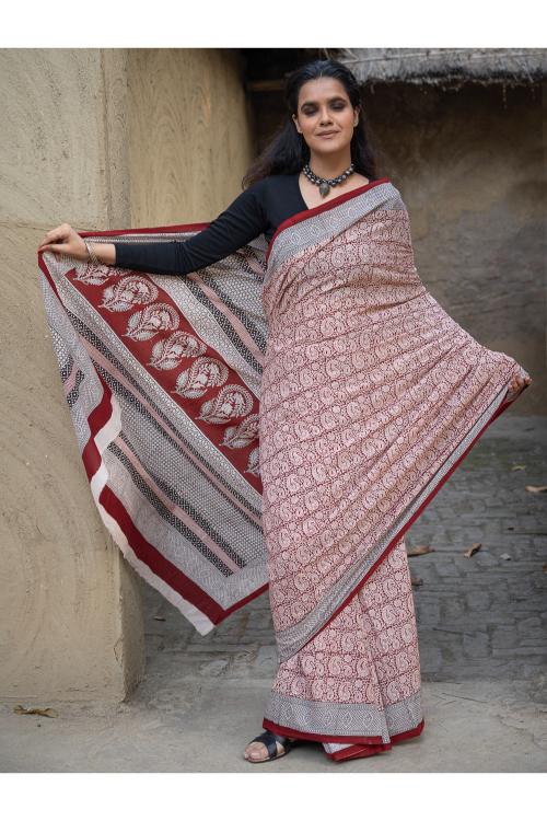 TICH Exclusive Bagh Hand Block Printed Cotton Saree - White Paisleys