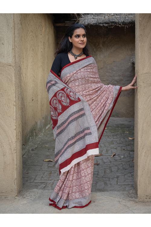 TICH Exclusive Bagh Hand Block Printed Cotton Saree - White Paisleys