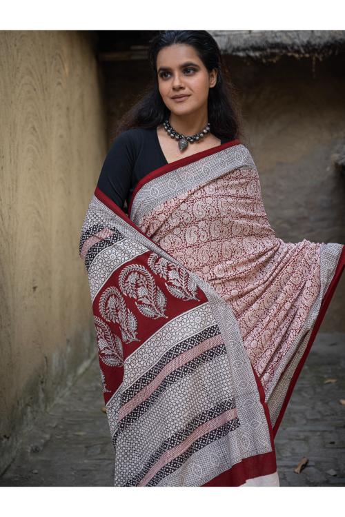 TICH Exclusive Bagh Hand Block Printed Cotton Saree - White Paisleys
