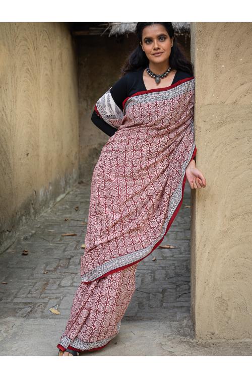 TICH Exclusive Bagh Hand Block Printed Cotton Saree - Red Floral