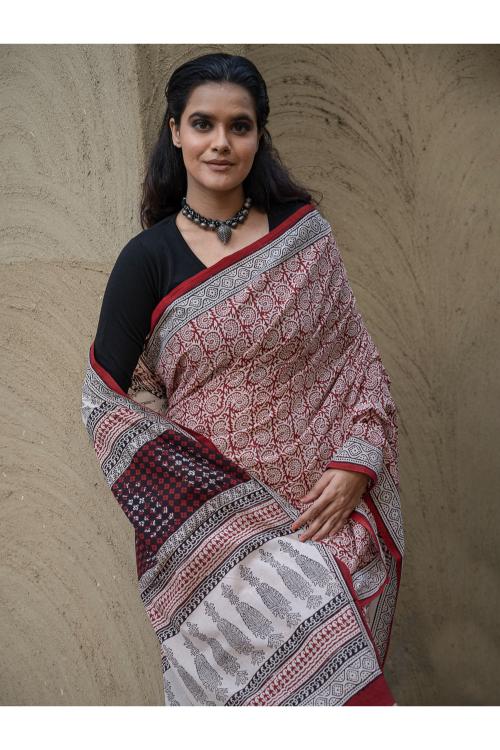 TICH Exclusive Bagh Hand Block Printed Cotton Saree - Red Floral
