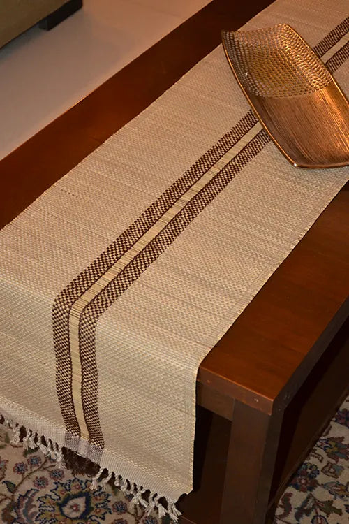 Dharini Madurkathi Striped Tassels Table Runner Large Beige Brown
