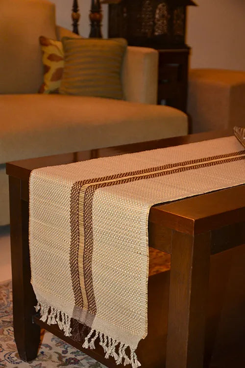 Dharini Madurkathi Striped Tassels Table Runner Large Beige Brown