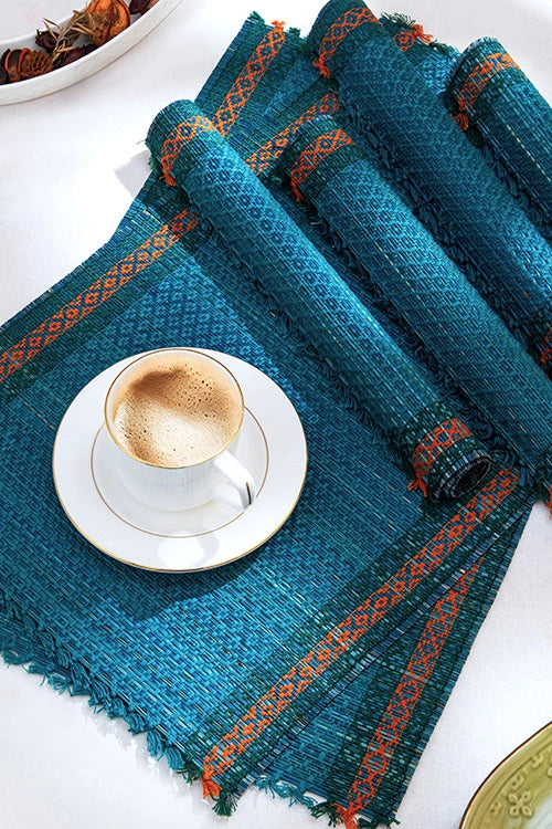 Dharini Madurkathi Tassels Placemats Teal Blue (Set Of 6)