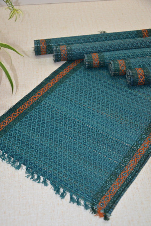 Dharini Madurkathi Tassels Placemats Teal Blue (Set Of 6)