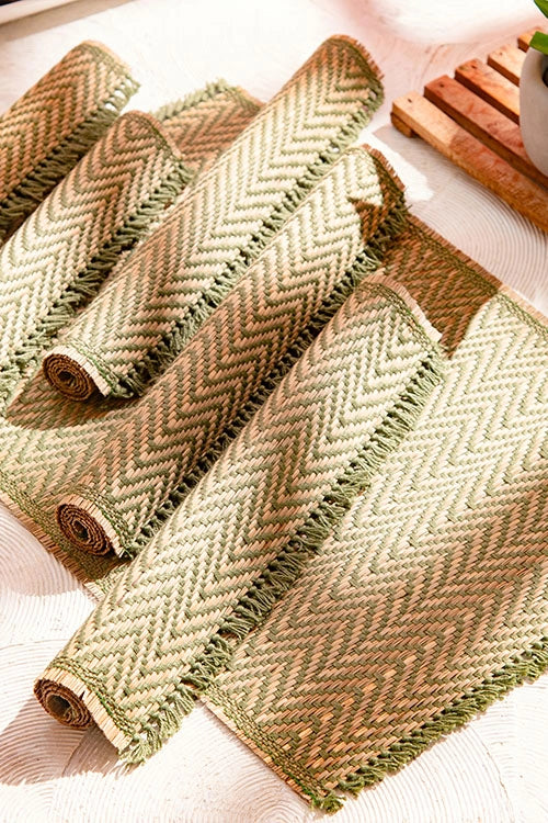 Dharini Madurkathi Chevron Tassels Placemats Sage Green (Set Of 6)