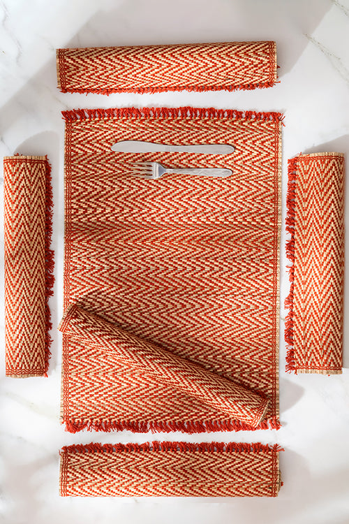 Dharini Madurkathi Chevron Tassels Placemats Rust (Set Of 6)