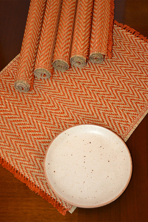Dharini Madurkathi Chevron Tassels Placemats Rust (Set Of 6)