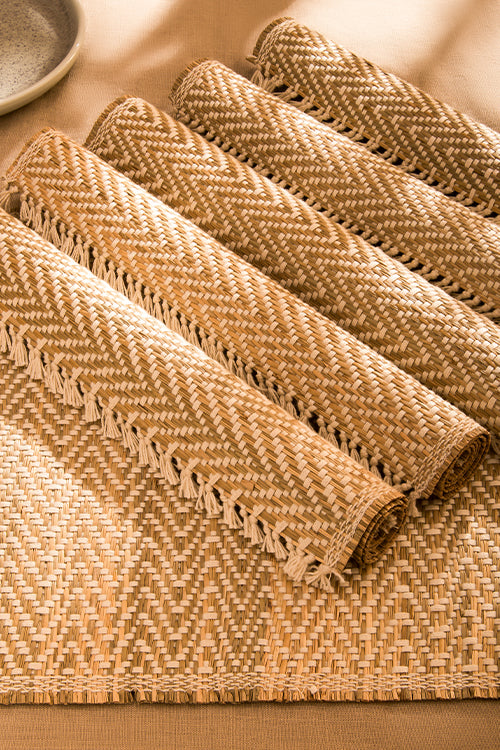 Dharini Madurkathi Chevron Tassels Placemats Sage Ivory (Set Of 6)