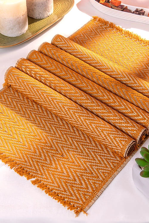 Dharini Madurkathi Chevron Tassels Placemats Mustard (Set Of 6)