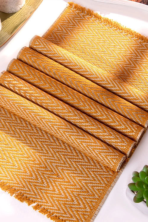 Dharini Madurkathi Chevron Tassels Placemats Mustard (Set Of 6)