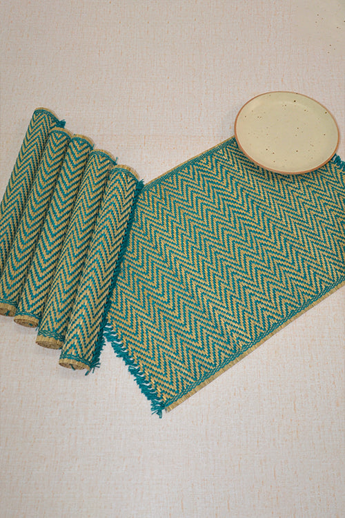 Dharini Madurkathi Chevron Tassels Placemats Teal (Set Of 6)