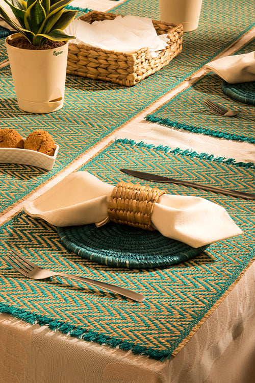 Dharini Madurkathi Chevron Tassels Placemats Teal (Set Of 6)