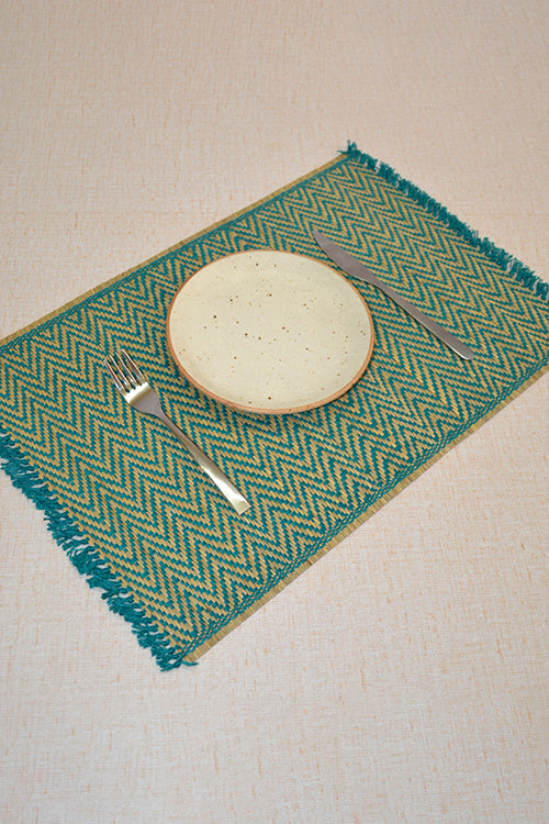 Dharini Madurkathi Chevron Tassels Placemats Teal (Set Of 6)