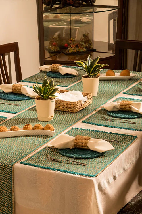 Dharini Madurkathi Chevron Tassels Placemats Teal (Set Of 6)