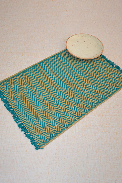 Dharini Madurkathi Chevron Tassels Placemats Teal (Set Of 6)