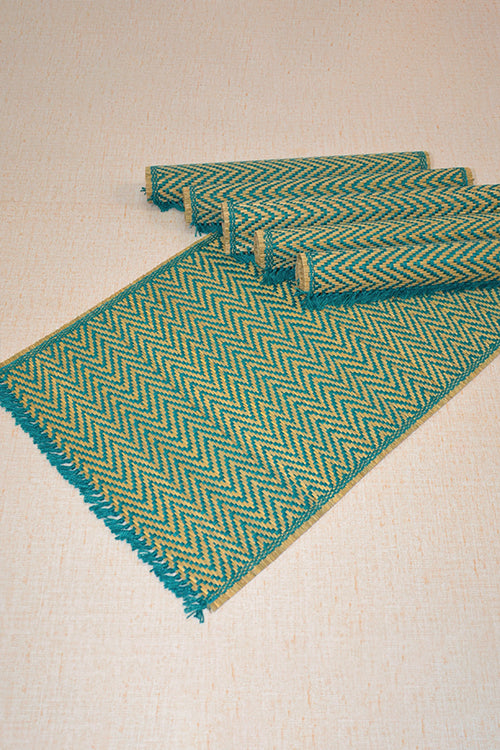 Dharini Madurkathi Chevron Tassels Placemats Teal (Set Of 6)
