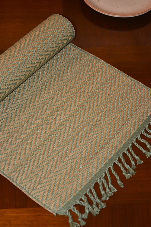 Dharini Madurkathi Tassels Chevron Table Runner Sage Green