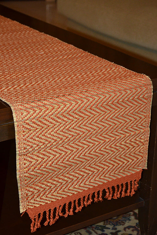 Dharini Madurkathi Tassels Chevron Table Runner Rust
