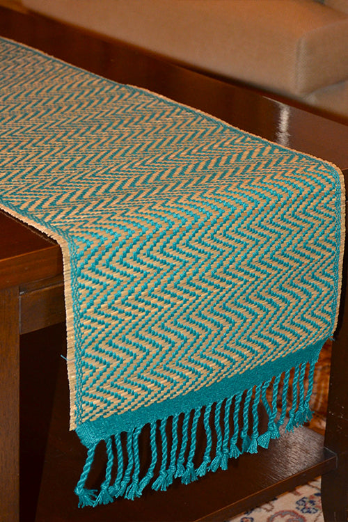 Dharini Madurkathi Chevron Tassels Table Runner Teal Large