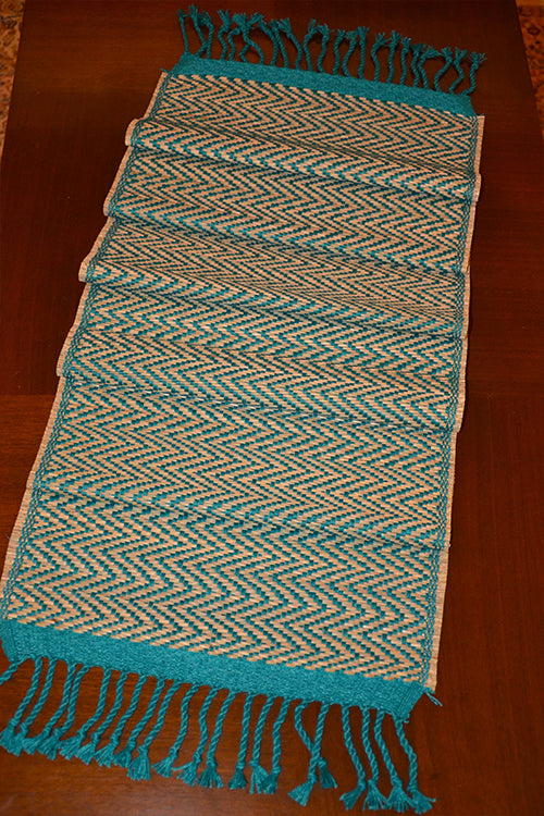 Dharini Madurkathi Chevron Tassels Table Runner Teal Large
