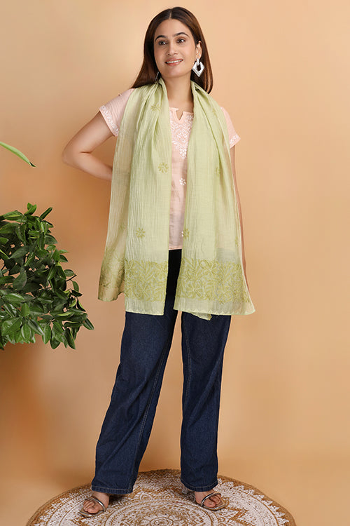 Shwet Women Green Chikankari Chanderi Stole