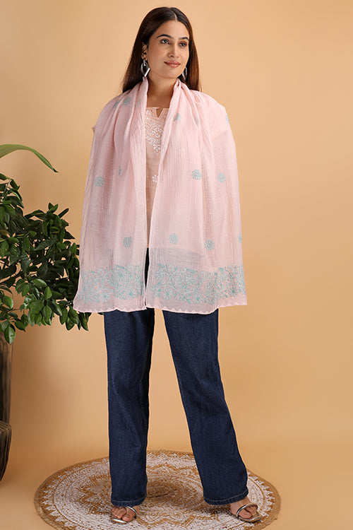Shwet Women Peach Chikankari Chanderi Stole