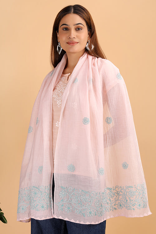 Shwet Women Peach Chikankari Chanderi Stole