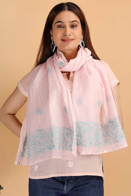 Shwet Women Peach Chikankari Chanderi Stole