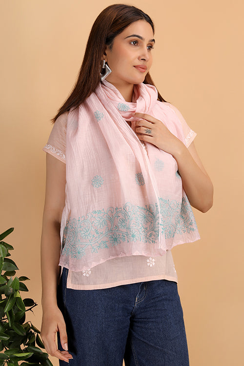 Shwet Women Peach Chikankari Chanderi Stole