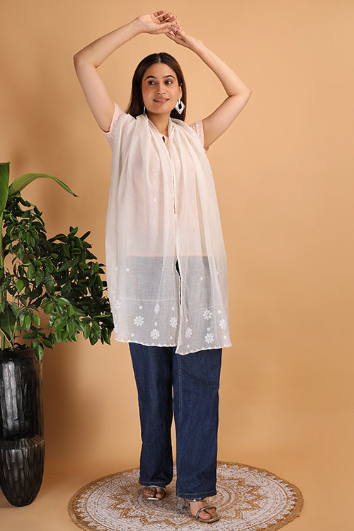 Shwet Women Nude Pink Chikankari Chanderi Stole