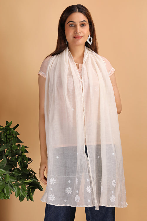 Shwet Women Nude Pink Chikankari Chanderi Stole