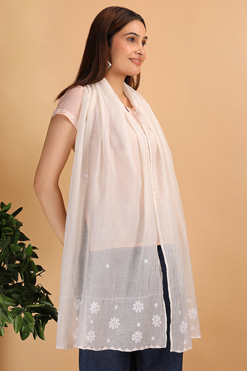 Shwet Women Nude Pink Chikankari Chanderi Stole