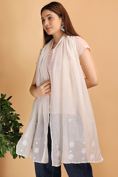 Shwet Women Nude Pink Chikankari Chanderi Stole
